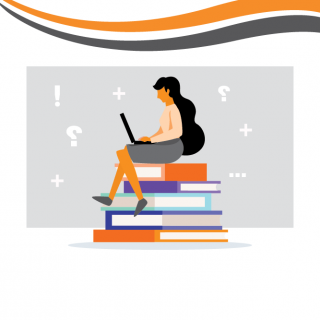 Graphic of a Female Student sitting on books looking at a Laptop